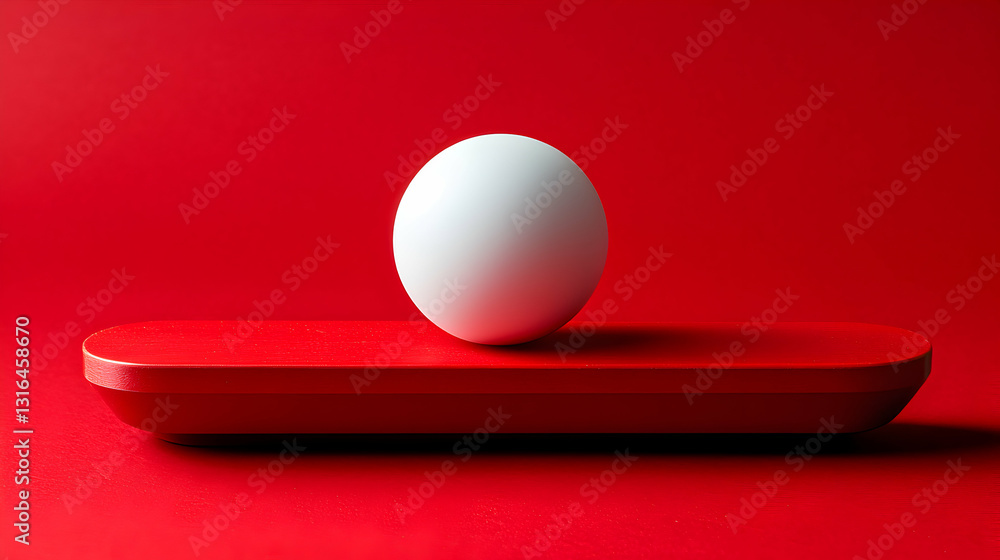 Poster minimalist still life featuring a white sphere balanced on a red platform with a matching vibrant re