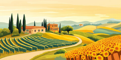 A picturesque Tuscan countryside landscape with rolling vineyards, traditional Italian farmhouse, and lush green hills under a golden sunset sky, creating a warm and serene rural atmosphere