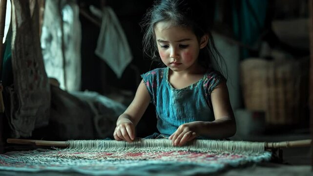 A young girl in a dimly lit room weaving a traditional handmade rug with focus and dedication
