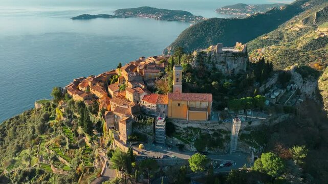 drone view of Eze village in French Riviera, Cote d Azur in France, historic Mediterranean village in the south of France