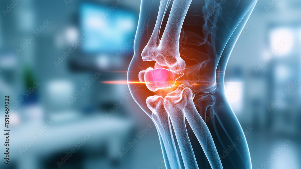 Poster artistic representation of knee x ray, emphasizing joint structure and health. image highlights knee