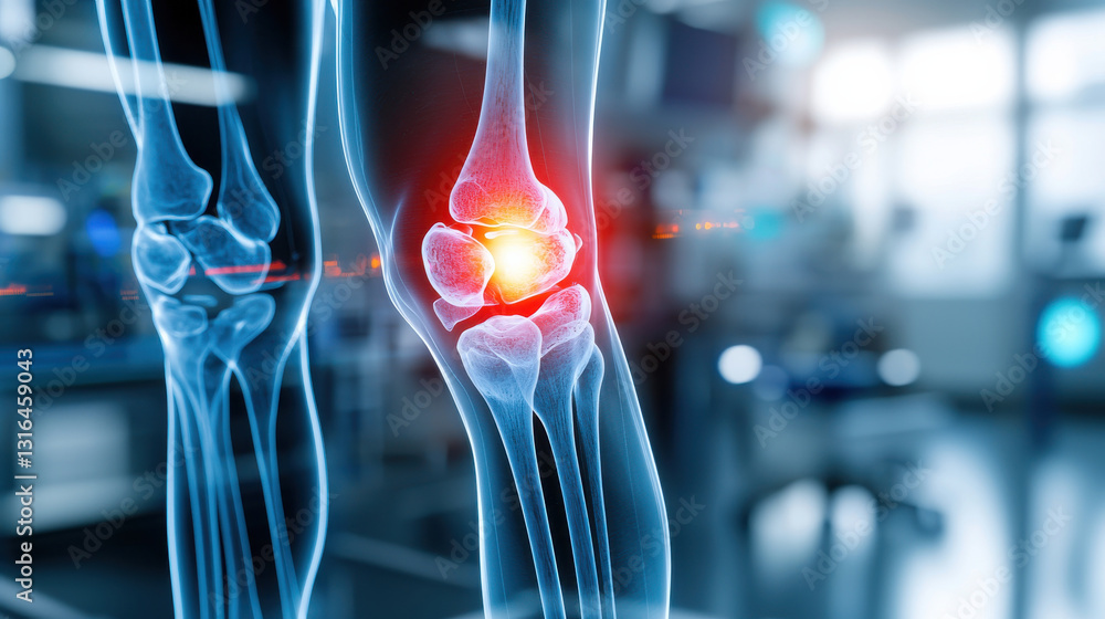 Poster artistic representation of knee x ray highlighting joint details and inflammation. this captures com