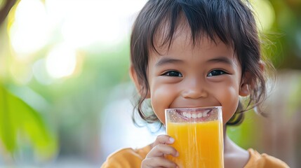 A child drinking fresh juice with a big smile