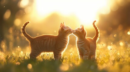A sunlit, orange tabby kitten stands in a lush grassy field, gazing right with a playful tilt to its head, embodying curiosity and joy.  