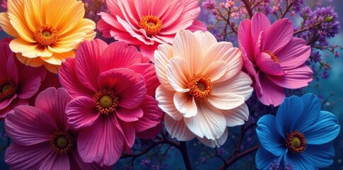 Overlapping floral forms, intense color gradients, background, artwork, texture