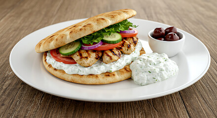 Greek gyro sandwich with pita bread, grilled chicken, tzatziki sauce, and fresh vegetables 