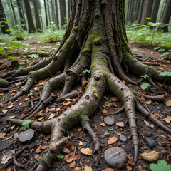 Forest floor with coniferous tree roots and decaying vegetation, conifer forest soil, natural processes, organic matter