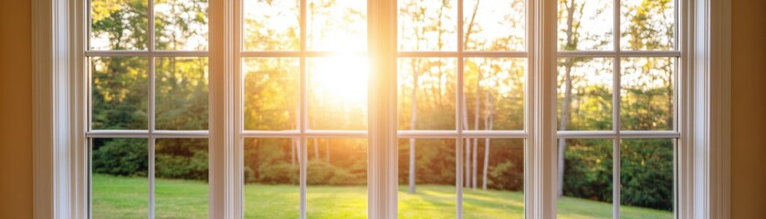 A serene view of sunlight streaming through a window, illuminating a lush green landscape outside.