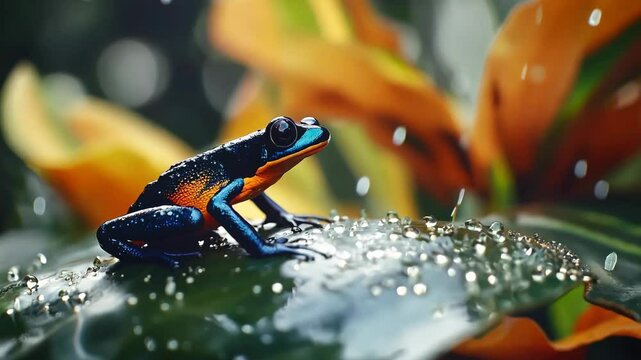  A vividly colored poison dart frog sitting on a rain-drenched leaf in a tropical jungle. Droplets of water glisten around it, highlighting its striking patterns and bright warning colors.