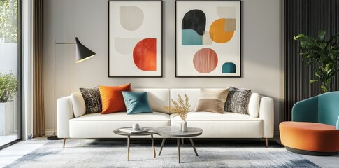 Modern living room interior featuring abstract art and stylish furniture arrangements