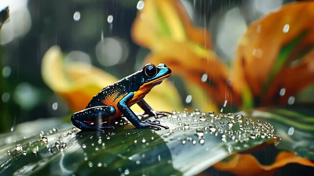  A vividly colored poison dart frog sitting on a rain-drenched leaf in a tropical jungle. Droplets of water glisten around it, highlighting its striking patterns and bright warning colors.