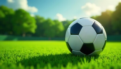 Fototapeta premium Perfectly centered soccer ball on vibrant green football field Negative space surrounds , activity, stadium, league