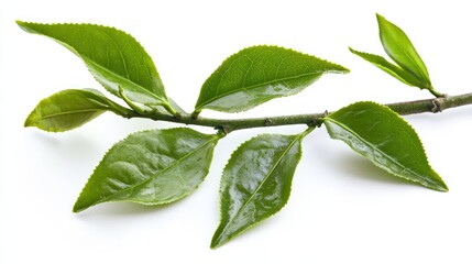 A close-up of fresh tea leaves on a branch, showing their vibrant green color