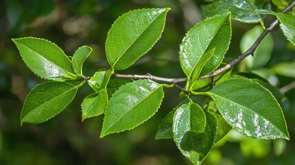 Fototapeta premium A close-up of fresh tea leaves on a branch, showing their vibrant green color