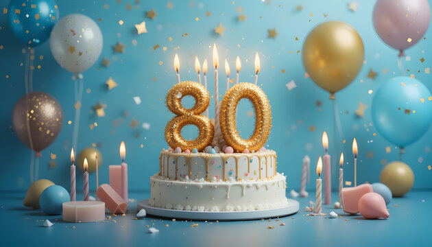 Celebrating 80th Birthday with Cake Balloons and Festive Decorations