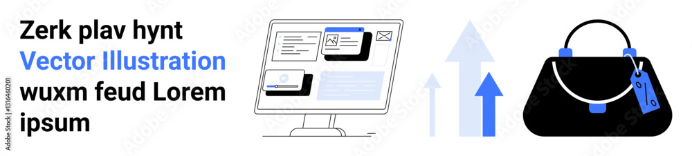 Poster computer monitor with web interface, growth trending arrows, and a handbag with a tag. ideal for e-c