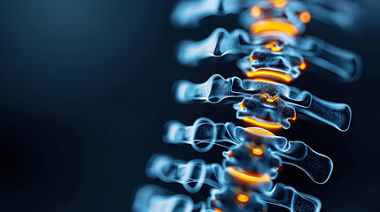 futuristic X ray scan of human spine with glowing highlights, showcasing vertebrae detailed and illuminated manner. image emphasizes intricate structure and technological aspect of medical imaging