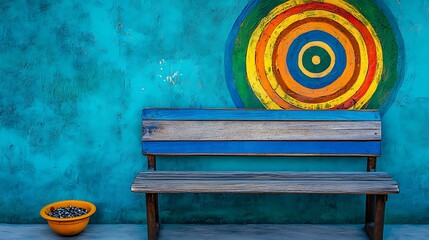 Vibrant Circular Mural and Rustic Bench Against a Teal Wall AI Generated