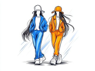 Two stylish figures in vibrant outfits walking confidently, showcasing urban fashion