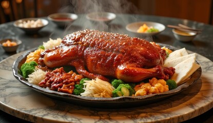 A luxurious spread featuring whole roasted Peking duck with crispy lacquered skin, served alongside thin pancakes, hoisin sauce, julienned cucumbers, and green onions. Place the dish on a round marble