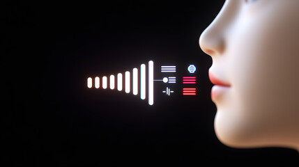 Large Language Model Artificial Intelligence Speech Recognition. Profile of a voice-activated device with sound waves.