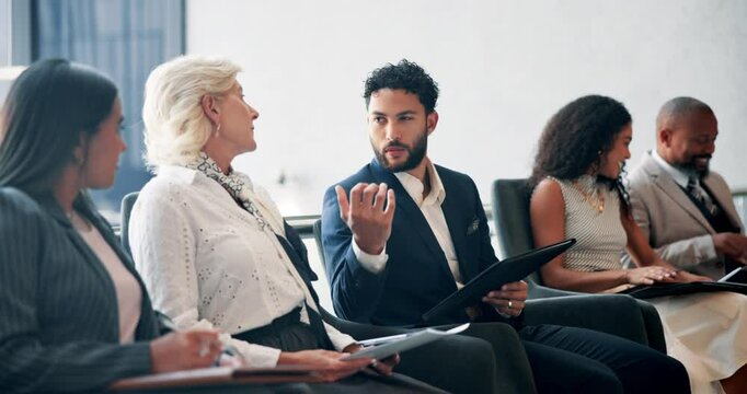 Business people, conference and audience in discussion, talking or brainstorming ideas for feedback. Group, convention and crowd together for training, handshake or networking at investment seminar