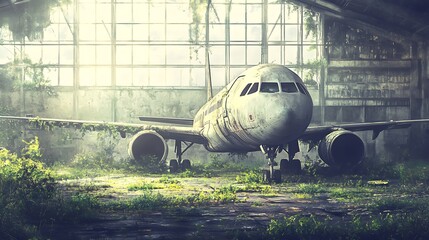 Abandoned airplane sits in overgrown, decayed hangar, suggesting post-apocalyptic themes