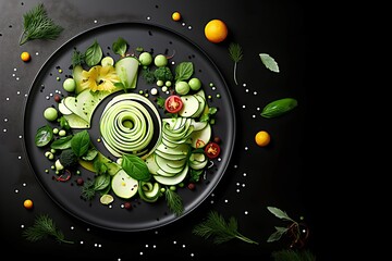 vegetarian food on a plate. cucumber, herbs, parsley, mint, tomato, dill. beautiful setting. the concept of healthy food. vitamins. place for text