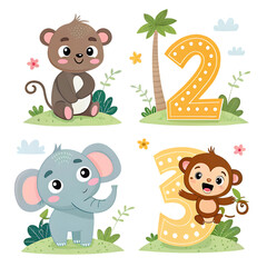 Naklejka premium Cute Animals & Numbers 1-3