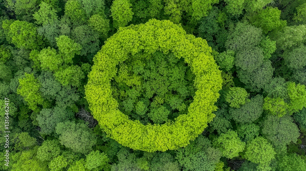 Poster aerial view of circular tree pattern in lush green forest