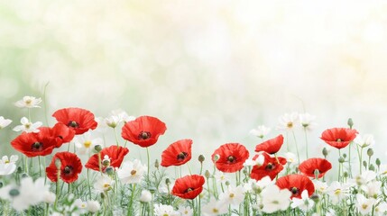 Obraz premium A vibrant field of red poppies and white flowers under a soft, blurred background, creating a serene and peaceful atmosphere.
