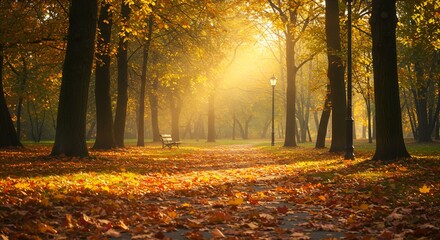 Naklejka premium A peaceful autumn park, golden and red leaves covering the ground, warm sunlight filtering through the trees, dreamy atmosphere