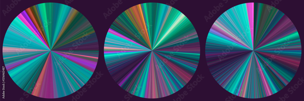 Poster set of futuristic iridescent polar coordinates vibrant circles with colors explosion patterns and dy