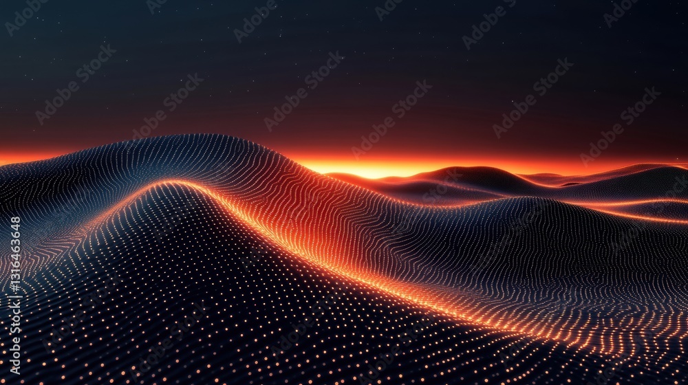 Poster illuminated digital landscape simulation at dusk abstract art futuristic environment wide angle view