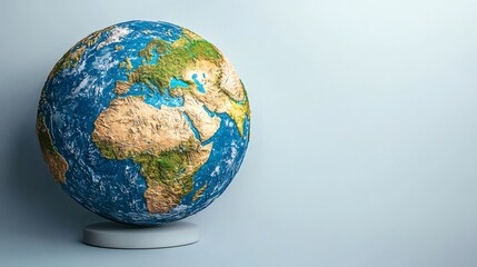 a detailed image of the Earth globe, showcasing continents, oceans, and landforms against a light blue background. The globe is mounted on a simple stand