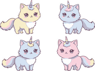 Four pastel colored cartoon unicorn cats sit on a white background in an adorable illustration Perfect for children's products or whimsical designs.