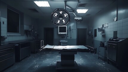 Surgical room illuminated, sterile environment, procedure ready, empty operating table. Medicine concept