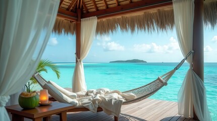 Tranquil hammock retreat by the turquoise waters on a sunny afternoon