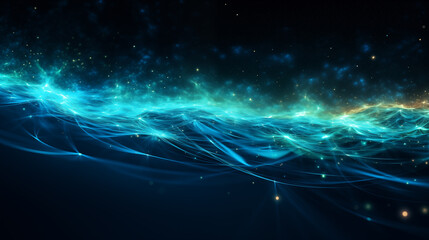 Obraz premium Abstract background image with dynamic blue and light - blue energy waves against a cosmic star - filled backdrop