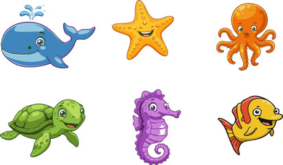 Cartoon style collection of cute sea animals including whale, starfish, octopus, turtle, seahorse and fish Perfect for children's illustrations and.