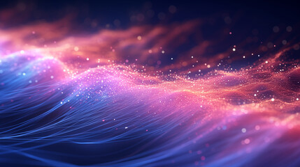 Obraz premium This image showcases an abstract digital artwork with undulating light - filled waves. The waves, composed of intricate lines and scattered glowing dots, transition smoothly between shades of purple