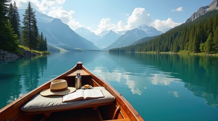 Obraz premium Peaceful lake scenery with a boat, book, and snack surrounded by mountains in daylight