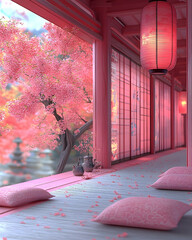 Serene pink room with cherry blossoms view, cushions, and traditional Japanese lanterns