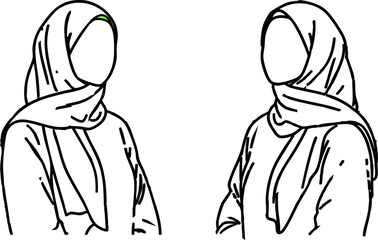 Stylized outline drawing of two women wearing a hijab headscarf on a white background ideal for educational or illustrative purposes.
