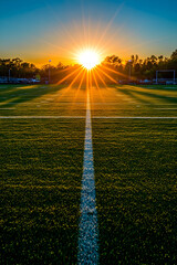 Scenic sunrise over an empty football field with vibrant colors, white lines and a clear blue sky creating a peaceful atmosphere