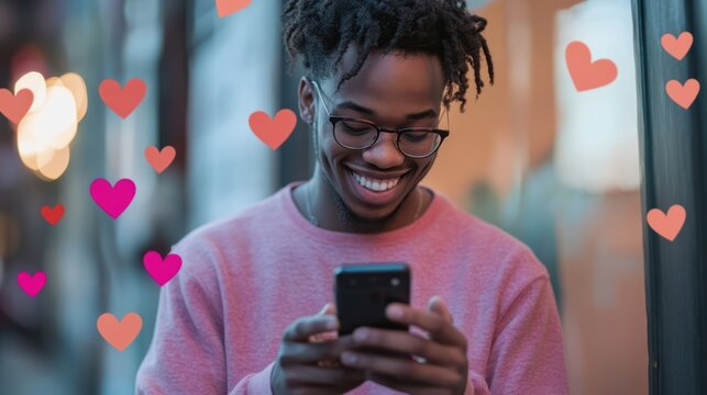 Happy young man using smartphone with love reaction icons
