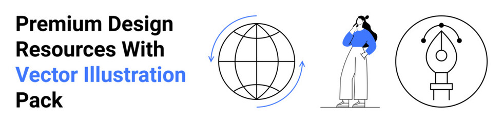 Globe with rotation arrows, thoughtful woman, and pen tool outline. Ideal for design, creativity, teamwork, global projects, branding, illustration flat landing page banner
