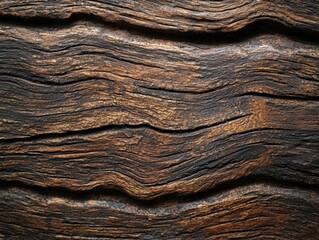 Naklejka premium Rich, Dark Brown Wood Texture with Deep Grain and Undulating Lines, Ideal for Rustic Designs, Backgrounds, and Interior Decor