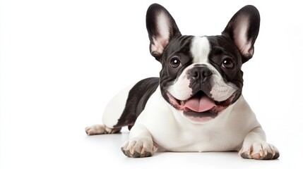 Fototapeta premium A charming French Bulldog lounges on white, gazing left while tilting its head right. Its unique black and white pattern accentuates playful charm in this endearing close-up