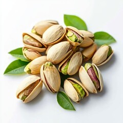 Pile of pistachios with leaves